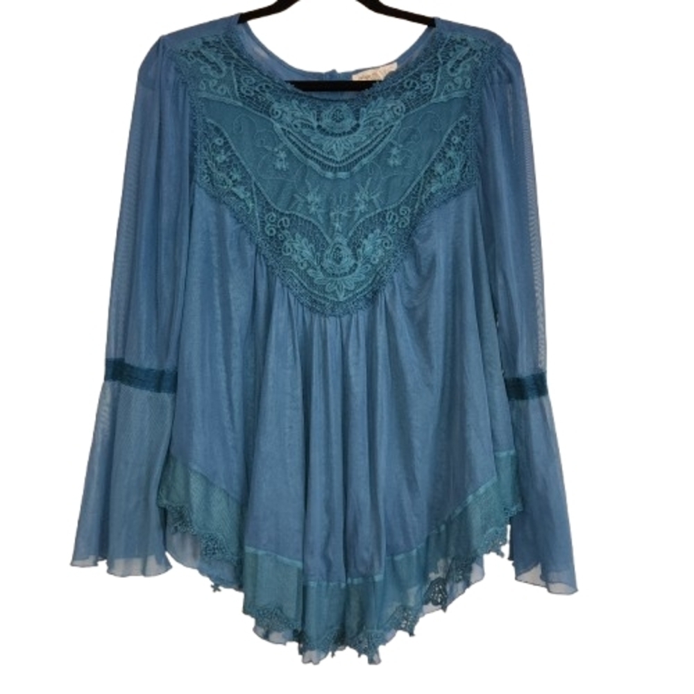 Indigo Thread Co Teal Green Embroidered/Lace Sheer Bell Sleeve Top Size M Fairy